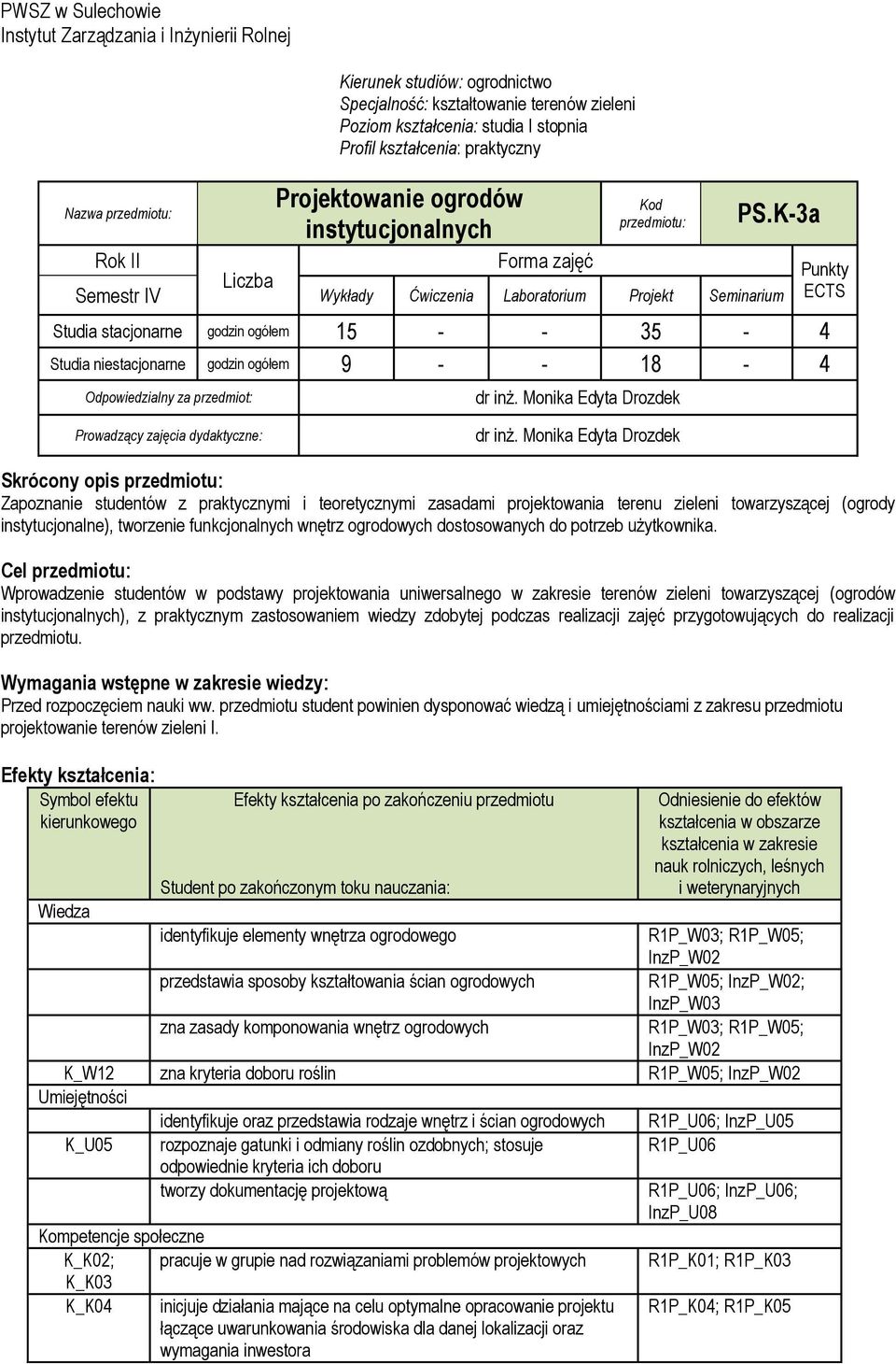 K-3a Rok II Forma zajęć Liczba Semestr IV Wykłady Ćwiczenia Laboratorium Projekt Seminarium Studia stacjonarne godzin ogółem 15 - - 35-4 Studia niestacjonarne godzin ogółem 9 - - 18-4 Odpowiedzialny