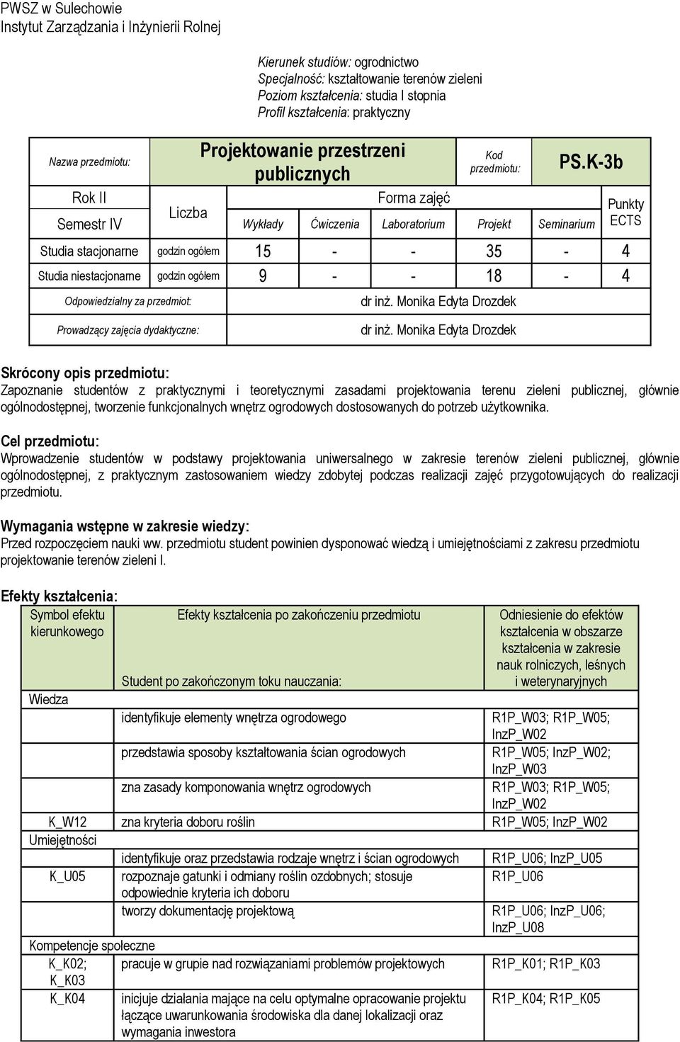 K-3b Rok II Forma zajęć Liczba Semestr IV Wykłady Ćwiczenia Laboratorium Projekt Seminarium Studia stacjonarne godzin ogółem 15 - - 35-4 Studia niestacjonarne godzin ogółem 9 - - 18-4 Odpowiedzialny