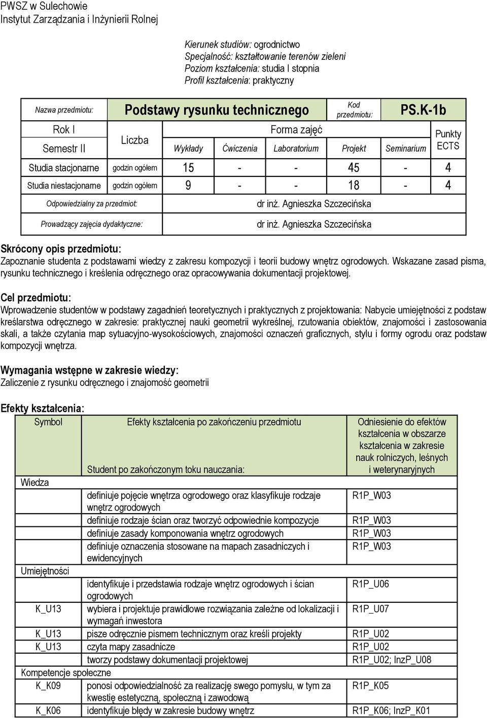 K-1b Rok I Forma zajęć Liczba Semestr II Wykłady Ćwiczenia Laboratorium Projekt Seminarium Studia stacjonarne godzin ogółem 15 - - 45-4 Studia niestacjonarne godzin ogółem 9 - - 18-4 Odpowiedzialny