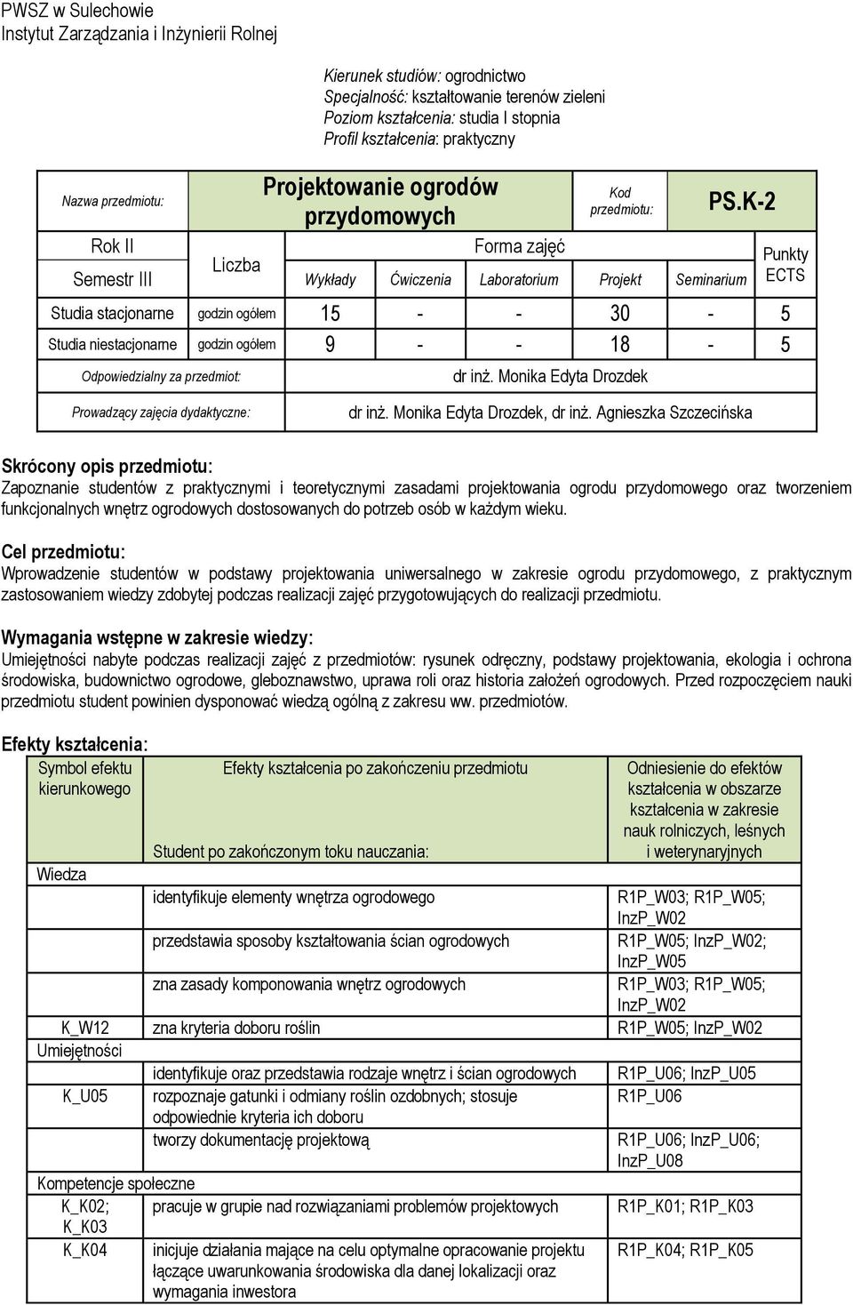 K-2 Rok II Forma zajęć Liczba Semestr III Wykłady Ćwiczenia Laboratorium Projekt Seminarium Studia stacjonarne godzin ogółem 15 - - 30-5 Studia niestacjonarne godzin ogółem 9 - - 18-5 Odpowiedzialny