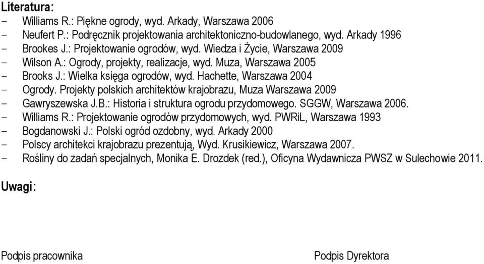 Projekty polskich architektów krajobrazu, Muza Warszawa 2009 - Gawryszewska J.B.: Historia i struktura ogrodu przydomowego. SGGW, Warszawa 2006. - Williams R.: Projektowanie ogrodów przydomowych, wyd.