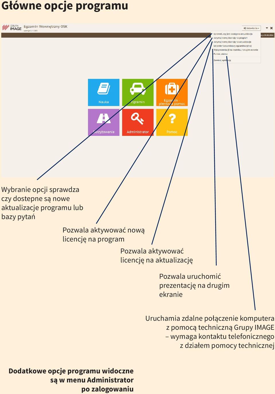 prezentację na drugim ekranie Uruchamia zdalne połączenie komputera z pomocą techniczną Grupy IMAGE wymaga