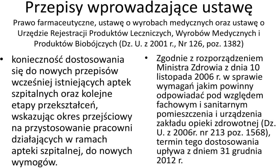 1382) konieczność dostosowania się do nowych przepisów wcześniej istniejących aptek szpitalnych oraz kolejne etapy przekształceń, wskazując okres przejściowy na przystosowanie pracowni