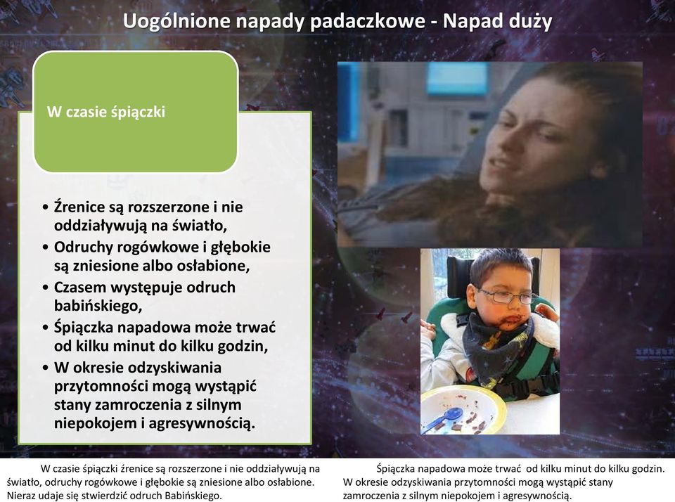 i agresywnością. W czasie śpiączki źrenice są rozszerzone i nie oddziaływują na światło, odruchy rogówkowe i głębokie są zniesione albo osłabione.