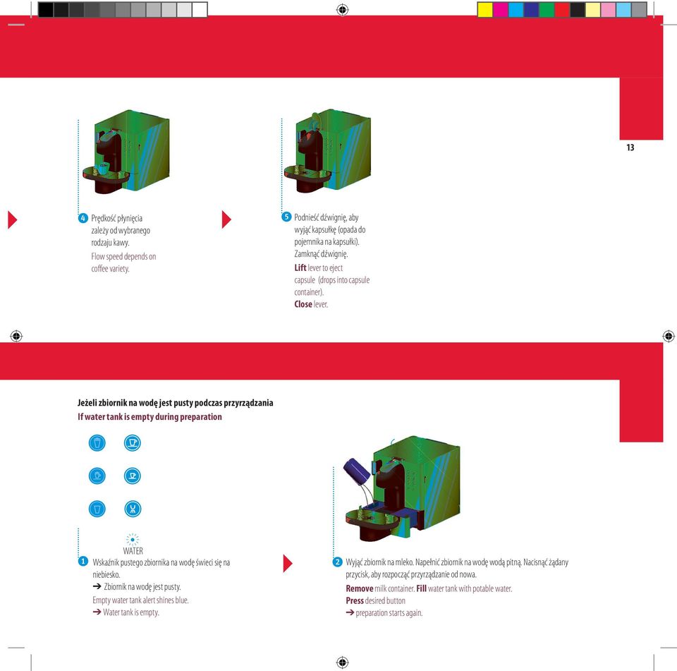 Jeżeli zbiornik na wodę jest pusty podczas przyrządzania If water tank is empty during preparation Wskaźnik pustego zbiornika na wodę świeci się na niebiesko.