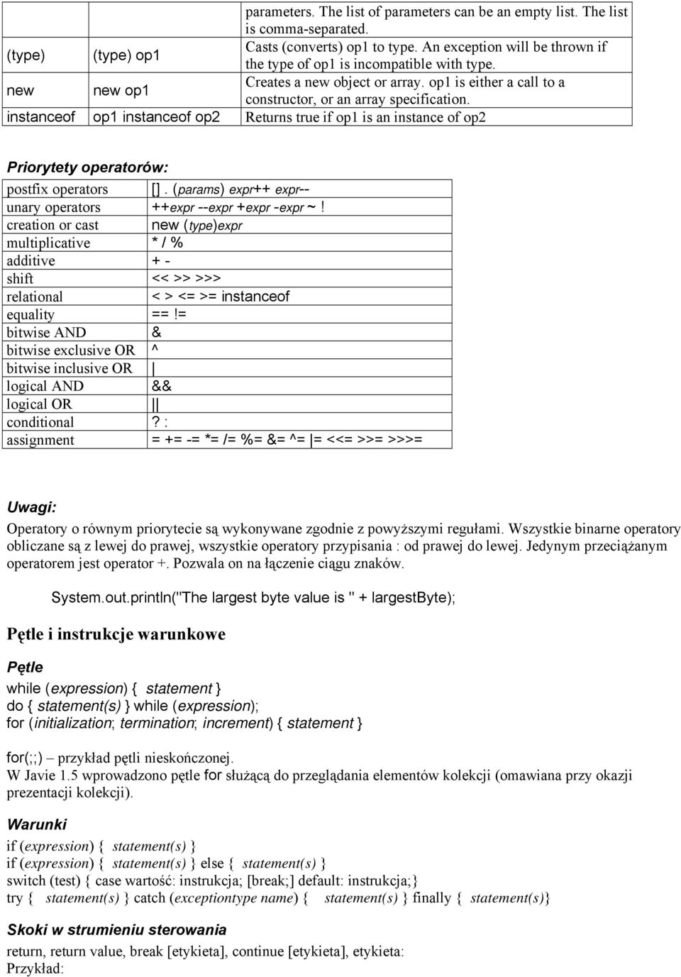 instanceof op1 instanceof op2 Returns true if op1 is an instance of op2 Priorytety operatorów: postfix operators []. (params) expr++ expr-- unary operators ++expr --expr +expr -expr ~!