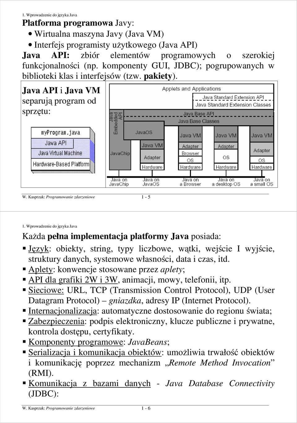 Kasprzak: Programowanie zdarzeniowe 1-5 KaŜda pełna implementacja platformy Java posiada: Język: obiekty, string, typy liczbowe, wątki, wejście I wyjście, struktury danych, systemowe własności, data