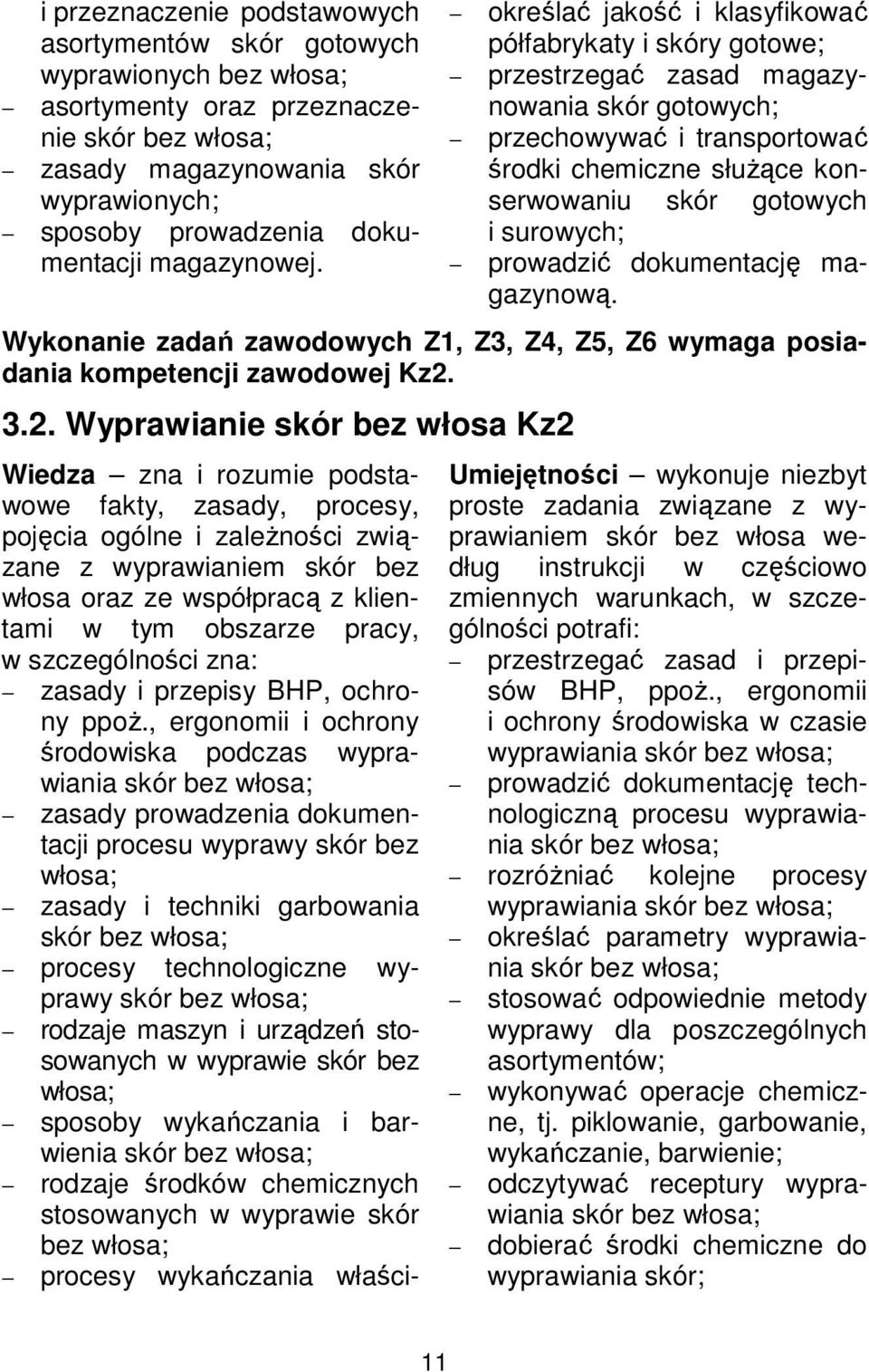 surowych; prowadzić dokumentację magazynową. Wykonanie zadań zawodowych Z1, Z3, Z4, Z5, Z6 wymaga posiadania kompetencji zawodowej Kz2.