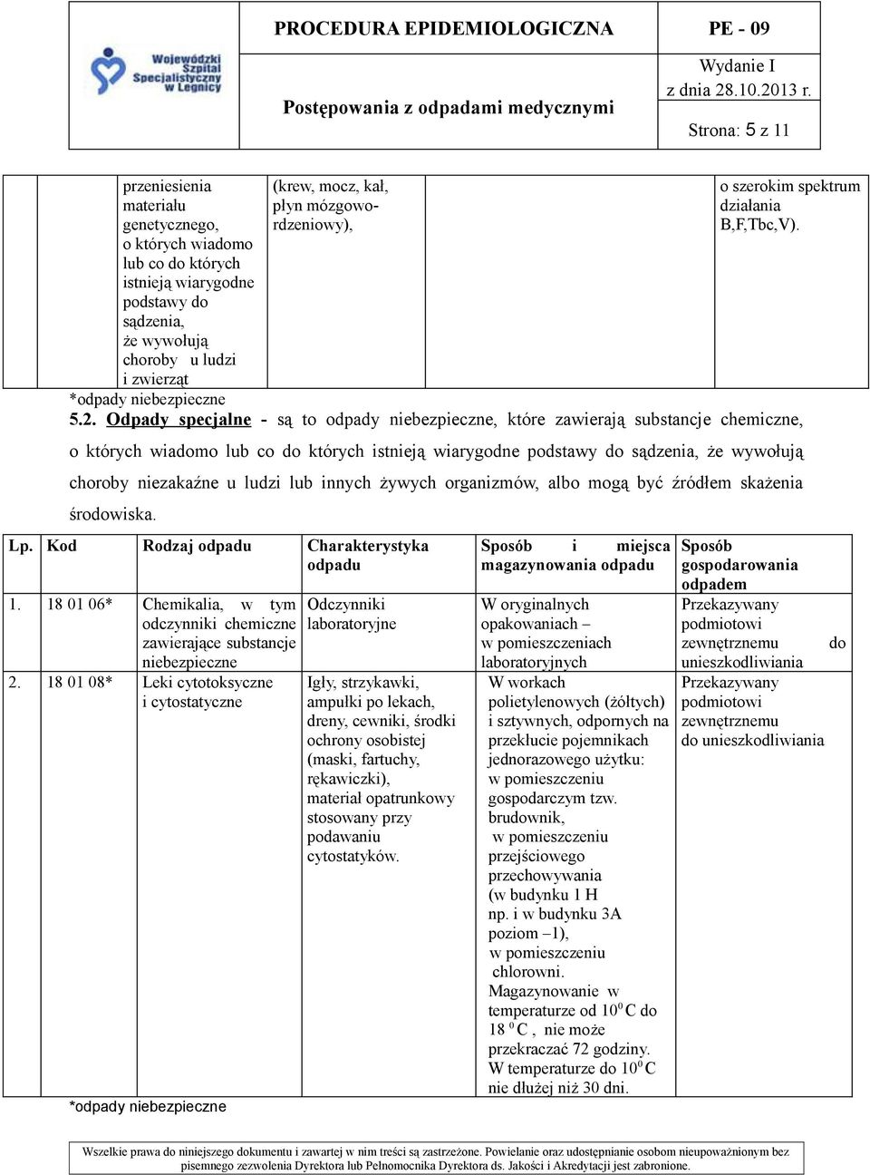 Odpady specjalne - są to odpady niebezpieczne, które zawierają substancje chemiczne, o których wiadomo lub co do których istnieją wiarygodne podstawy do sądzenia, że wywołują choroby niezakaźne u