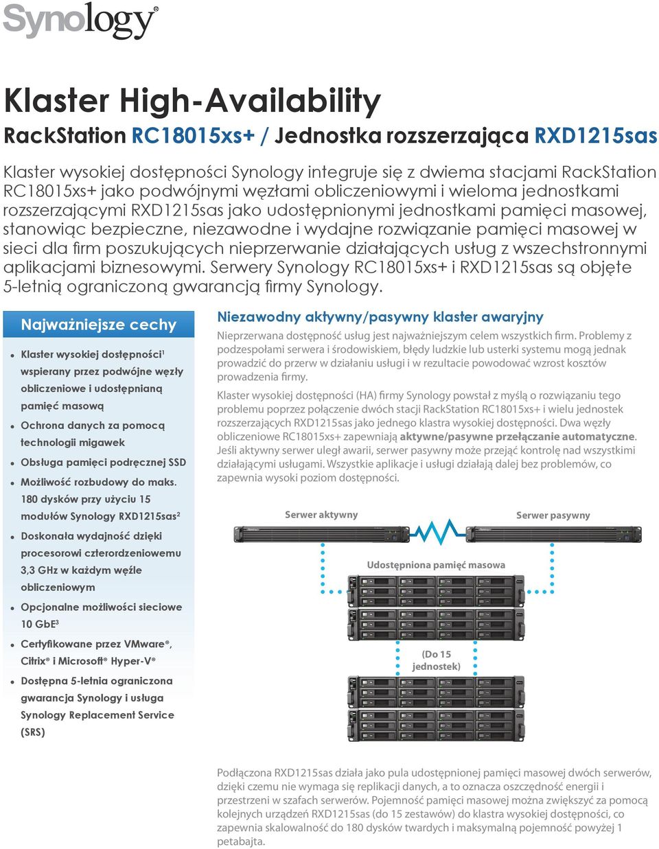 poszukujących nieprzerwanie działających usług z wszechstronnymi aplikacjami biznesowymi. Serwery Synology RC805xs+ i RXD25sas są objęte 5-letnią ograniczoną gwarancją firmy Synology.