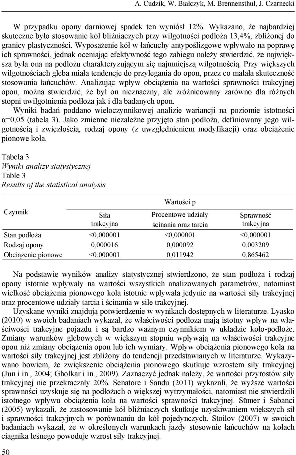 Wyposażenie kół w łańcuchy antypoślizgowe wpływało na poprawę ich sprawności, jednak oceniając efektywność tego zabiegu należy stwierdzić, że największa była ona na podłożu charakteryzującym się