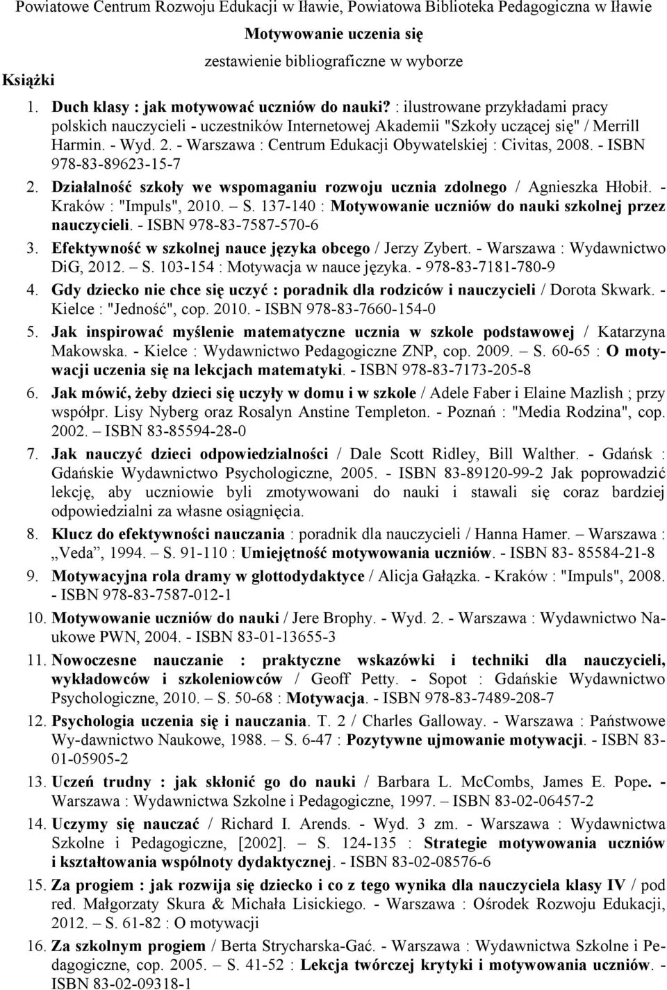 - Warszawa : Centrum Edukacji Obywatelskiej : Civitas, 2008. - ISBN 978-83-89623-15-7 2. Działalność szkoły we wspomaganiu rozwoju ucznia zdolnego / Agnieszka Hłobił. - Kraków : "Impuls", 2010. S.