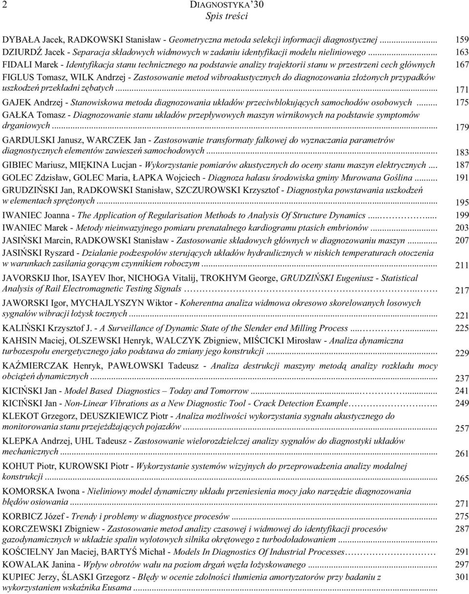 .. 163 FIDALI Marek - Identyfikacja stanu technicznego na podstawie analizy trajektorii stanu w przestrzeni cech gównych 167 FIGLUS Tomasz, WILK Andrzej - Zastosowanie metod wibroakustycznych do