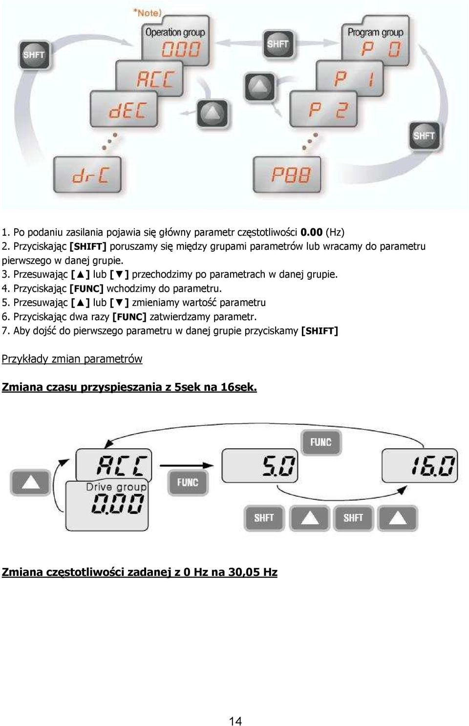 Przesuwając [ ] lub [ ] przechodzimy po parametrach w danej grupie. 4. Przyciskając [FUNC] wchodzimy do parametru. 5.