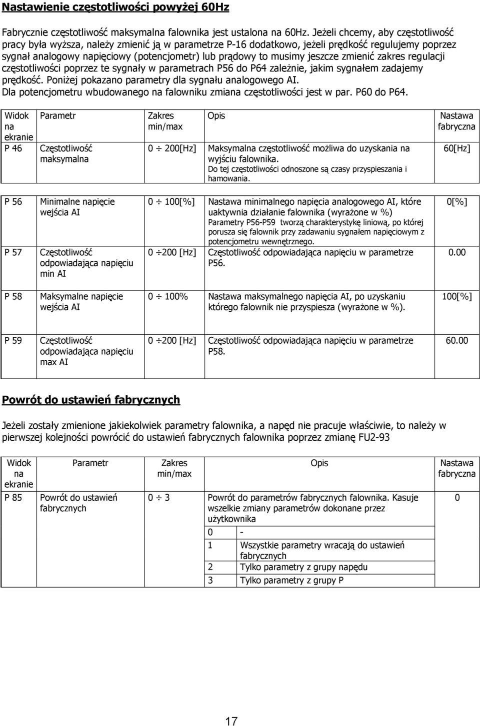jeszcze zmienić zakres regulacji częstotliwości poprzez te sygnały w parametrach P56 do P64 zaleŝnie, jakim sygnałem zadajemy prędkość. PoniŜej pokazano parametry dla sygnału analogowego AI.