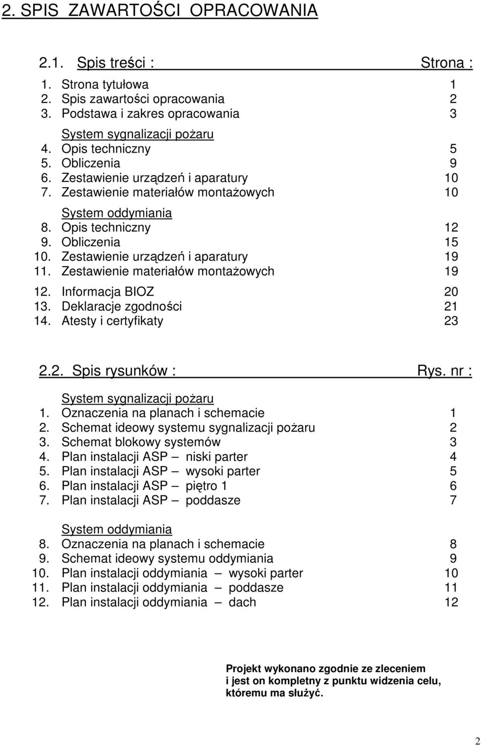 Zestawienie materiałów montażowych 19 12. Informacja BIOZ 20 13. Deklaracje zgodności 21 14. Atesty i certyfikaty 23 2.2. Spis rysunków : Rys. nr : System sygnalizacji pożaru 1.