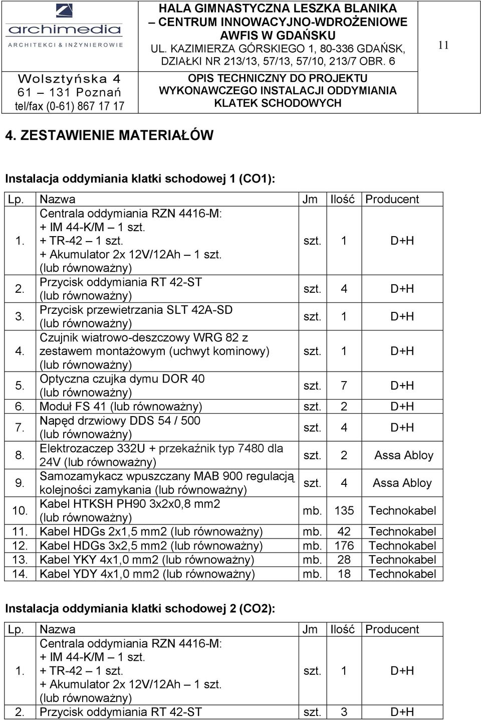 2. Przycisk oddymiania RT 42-ST szt. 4 D+H 3. Przycisk przewietrzania SLT 42A-SD szt. 1 D+H 4. Czujnik wiatrowo-deszczowy WRG 82 z zestawem montażowym (uchwyt kominowy) szt. 1 D+H 5.