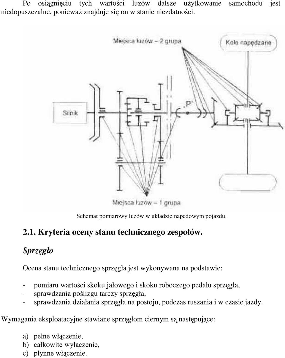 Sprzgło Ocena stanu technicznego sprzgła jest wykonywana na podstawie: - pomiaru wartoci skoku jałowego i skoku roboczego pedału sprzgła, - sprawdzania