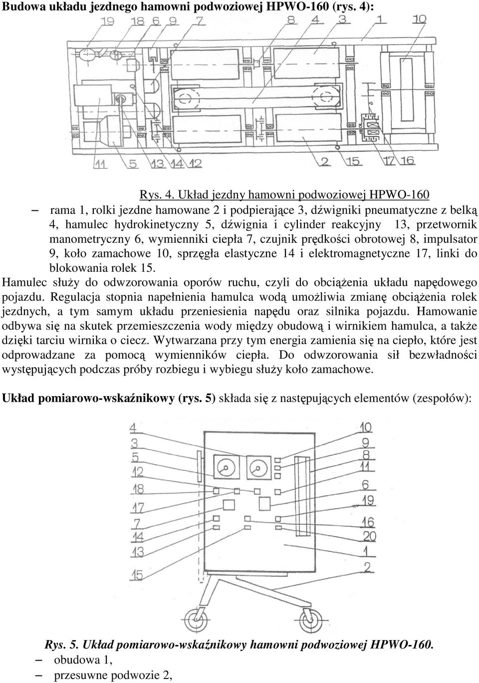 Układ jezdny hamowni podwoziowej HPWO-160 rama 1, rolki jezdne hamowane 2 i podpierajce 3, dwigniki pneumatyczne z belk 4, hamulec hydrokinetyczny 5, dwignia i cylinder reakcyjny 13, przetwornik