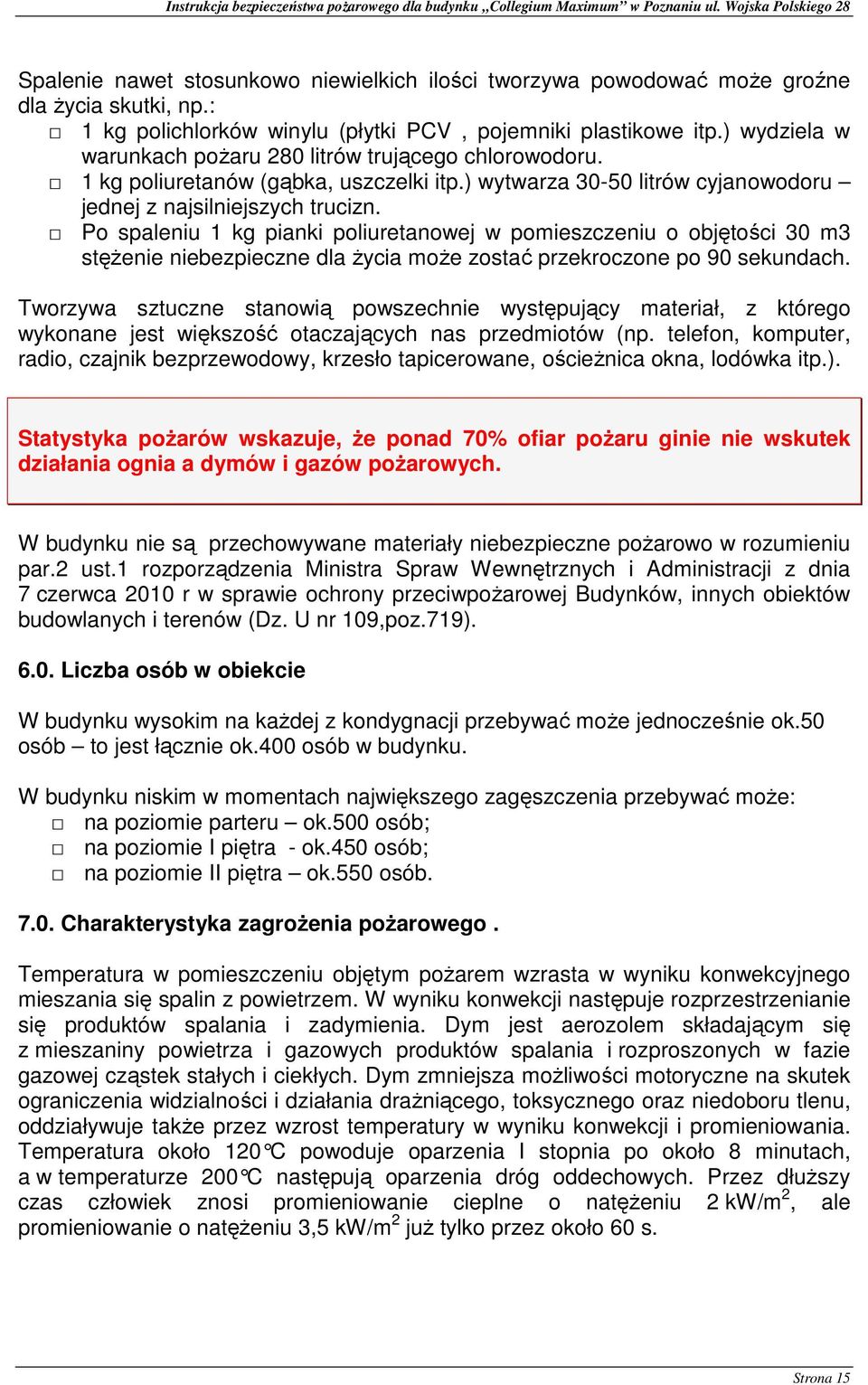 Po spaleniu 1 kg pianki poliuretanowej w pomieszczeniu o objętości 30 m3 stężenie niebezpieczne dla życia może zostać przekroczone po 90 sekundach.