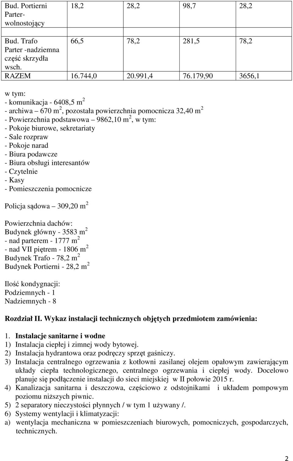 rozpraw - Pokoje narad - Biura podawcze - Biura obsługi interesantów - Czytelnie - Kasy - Pomieszczenia pomocnicze Policja sądowa 309,20 m 2 Powierzchnia dachów: Budynek główny - 3583 m 2 - nad