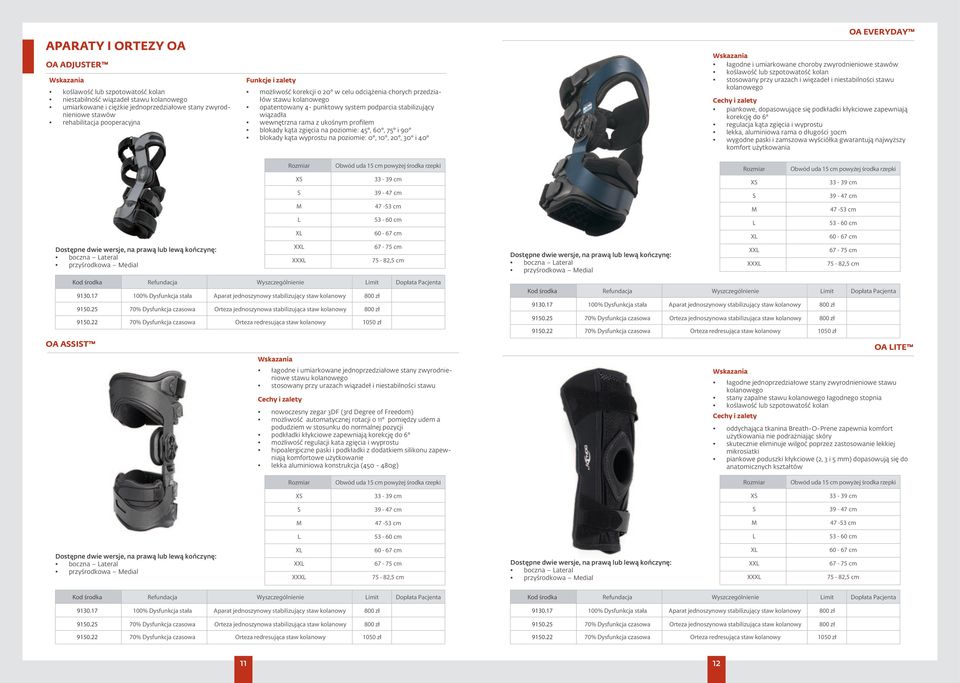 blokady kąta zgięcia na poziomie: 45, 60, 75 i 90 blokady kąta wyprostu na poziomie: 0, 10, 20, 30 i 40 OA EVERYDAY łagodne i umiarkowane choroby zwyrodnieniowe stawów koślawość lub szpotowatość