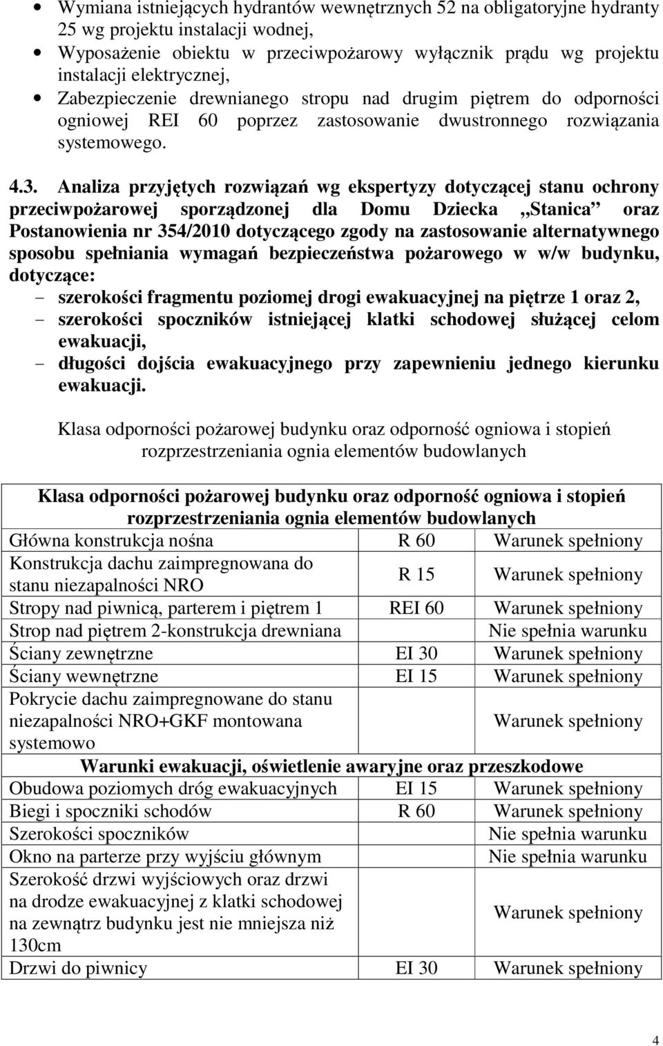 Analiza przyjętych rozwiązań wg ekspertyzy dotyczącej stanu ochrony przeciwpożarowej sporządzonej dla Domu Dziecka Stanica oraz Postanowienia nr 354/2010 dotyczącego zgody na zastosowanie