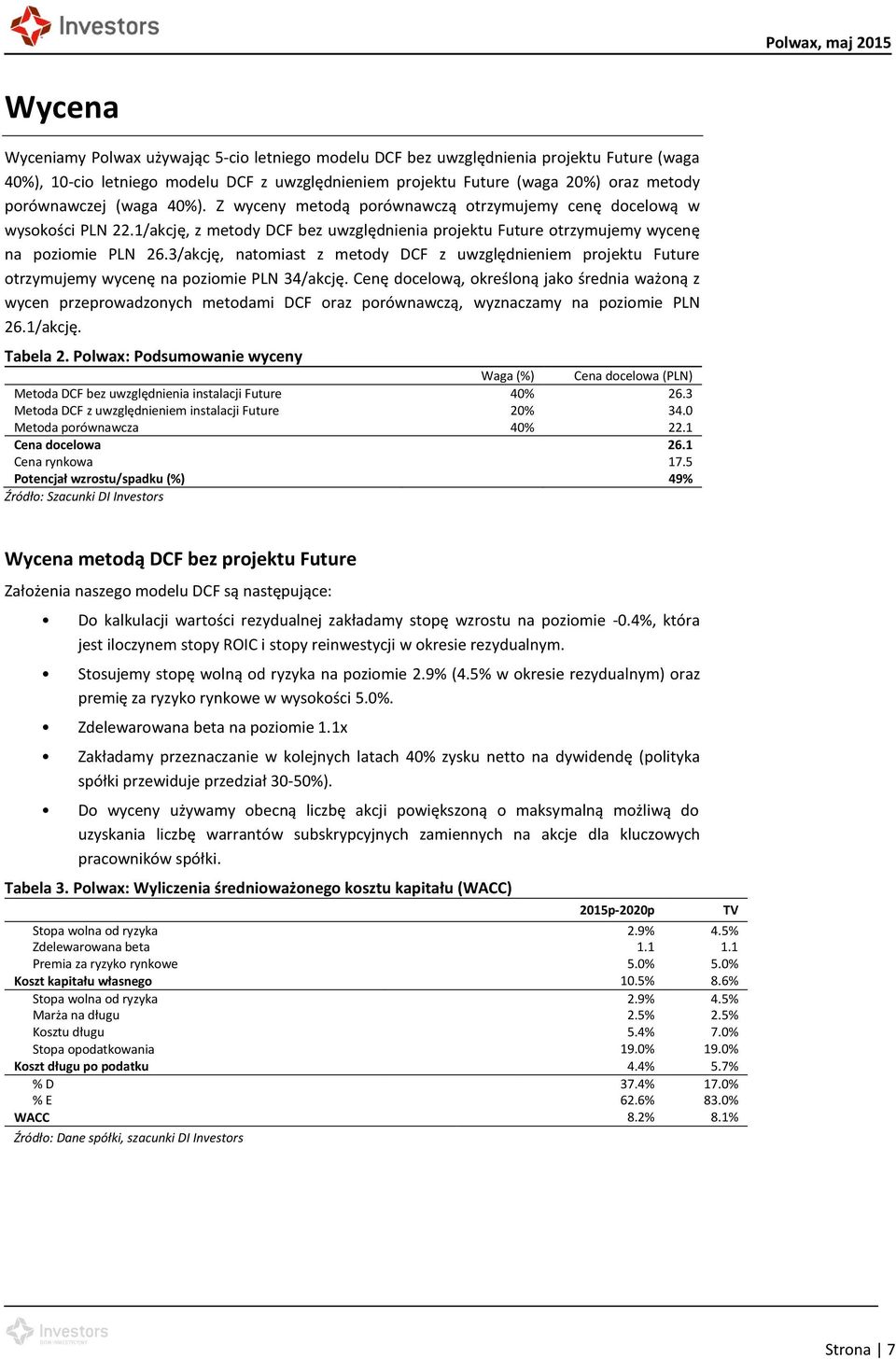 3/akcję, natomiast z metody DCF z uwzględnieniem projektu Future otrzymujemy wycenę na poziomie PLN 34/akcję.