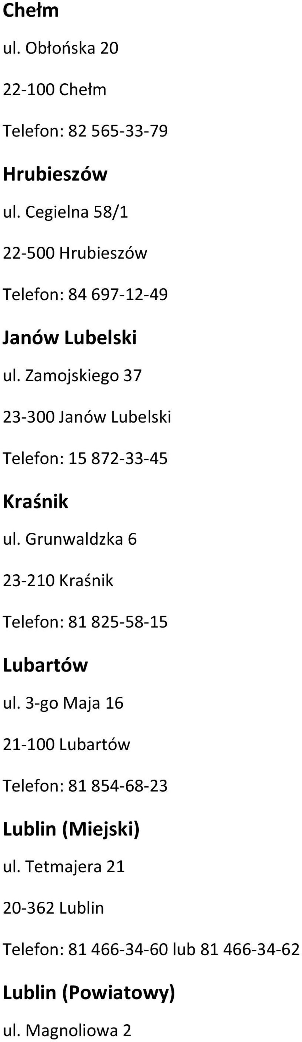 Zamojskiego 37 23-300 Janów Lubelski Telefon: 15 872-33-45 Kraśnik ul.