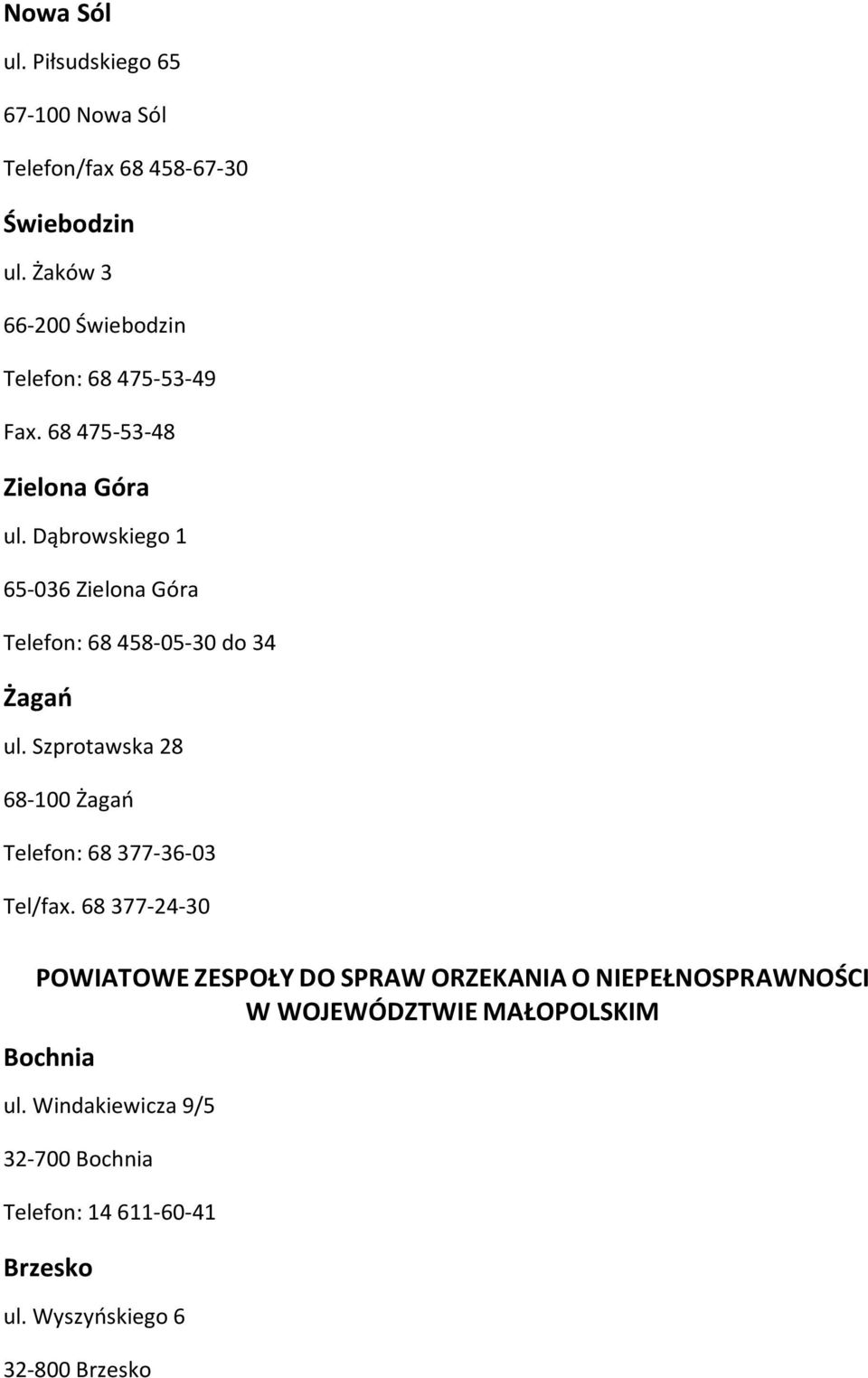 Dąbrowskiego 1 65-036 Zielona Góra Telefon: 68 458-05-30 do 34 Żagań ul.