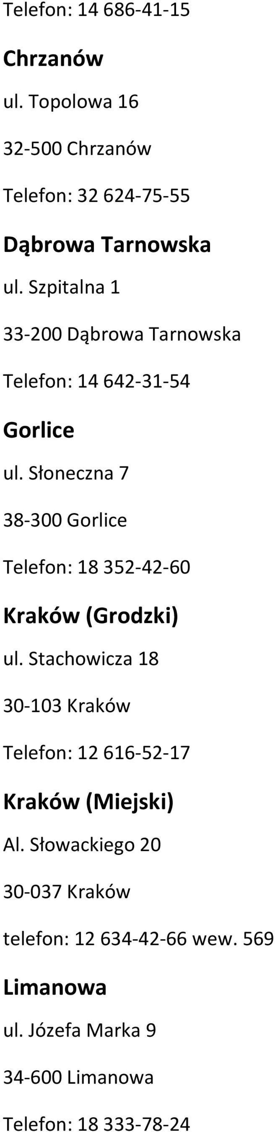Słoneczna 7 38-300 Gorlice Telefon: 18 352-42-60 Kraków (Grodzki) ul.