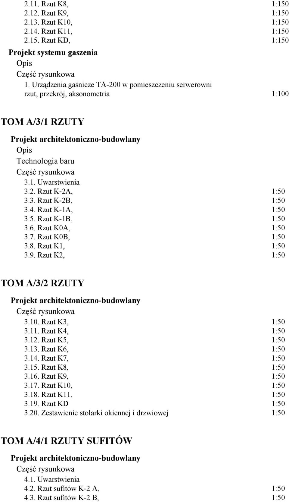 3. Rzut K-2B, 1:50 3.4. Rzut K-1A, 1:50 3.5. Rzut K-1B, 1:50 3.6. Rzut K0A, 1:50 3.7. Rzut K0B, 1:50 3.8. Rzut K1, 1:50 3.9. Rzut K2, 1:50 TOM A/3/2 RZUTY Projekt architektoniczno-budowlany 3.10.