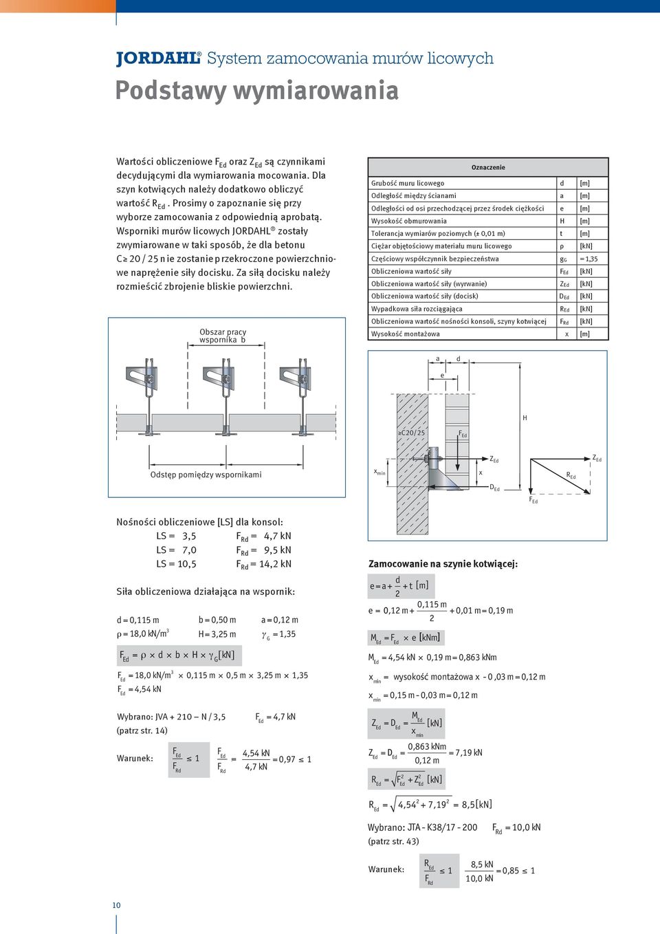Wsporniki murów licowych JORDAH zostały zwymiarowane w taki sposób, że dla betonu C 20 / 25 nie zostanie przekroczone powierzchniowe naprężenie siły docisku.