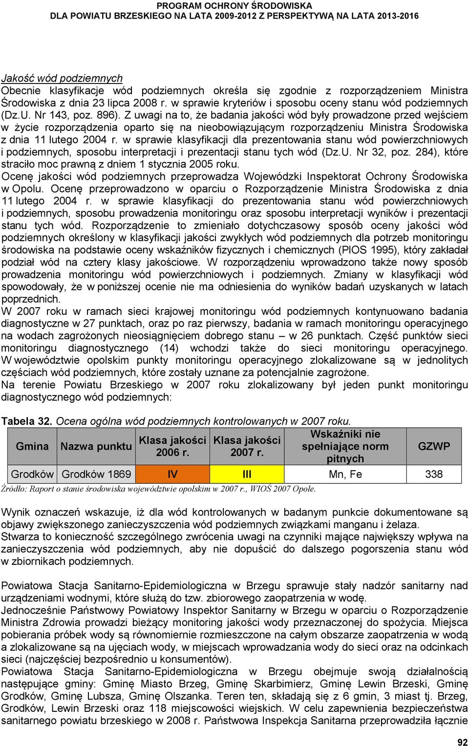 Z uwagi na to, że badania jakości wód były prowadzone przed wejściem w życie rozporządzenia oparto się na nieobowiązującym rozporządzeniu Ministra Środowiska z dnia 11 lutego 2004 r.