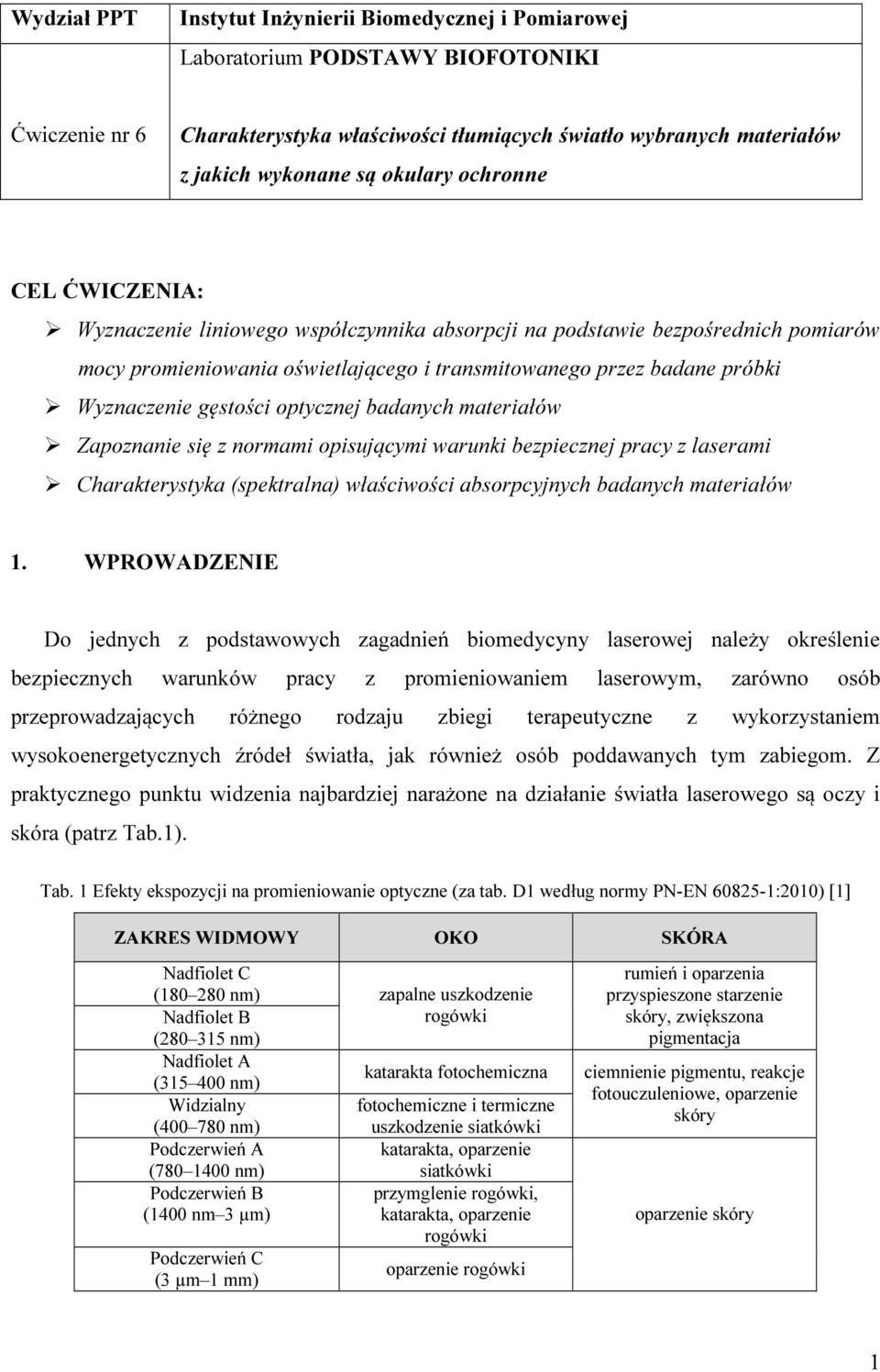 gęstości optycznej badanych materiałów Zapoznanie się z normami opisującymi warunki bezpiecznej pracy z laserami Charakterystyka (spektralna) właściwości absorpcyjnych badanych materiałów 1.