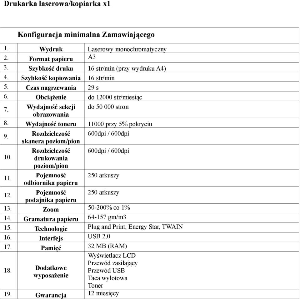 00 przy 5% pokryciu 9. 10. 11. Rozdzielczość skanera poziom/pion Rozdzielczość drukowania poziom/pion Pojemność odbiornika papieru 600dpi / 600dpi 600dpi / 600dpi 250 arkuszy 12.