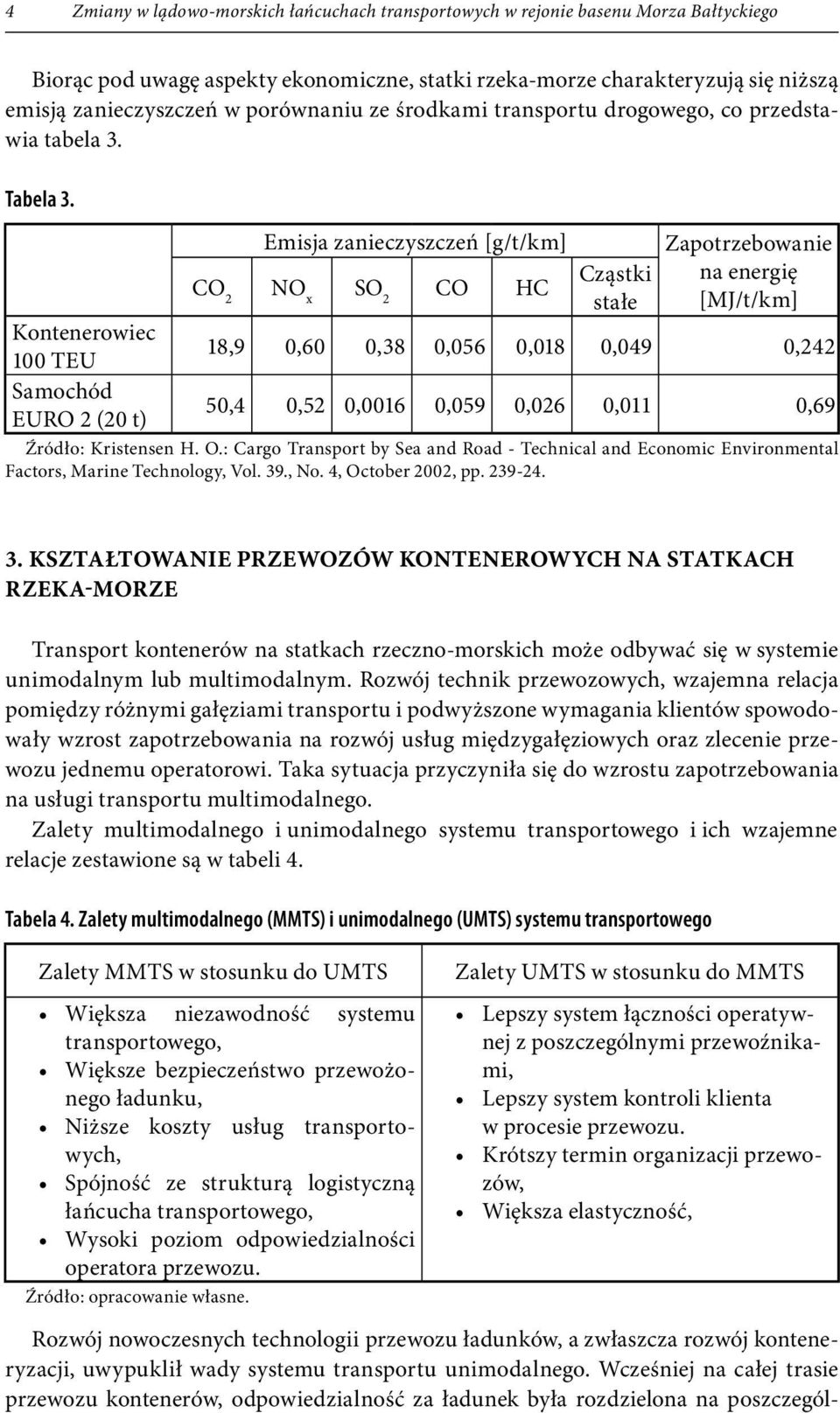 Emisja zanieczyszczeń [g/t/km] Zapotrzebowanie na energię CO 2 NO x SO 2 CO HC Cząstki stałe [MJ/t/km] Kontenerowiec 100 TEU 18,9 0,60 0,38 0,056 0,018 0,049 0,242 Samochód EURO 2 (20 t) 50,4 0,52