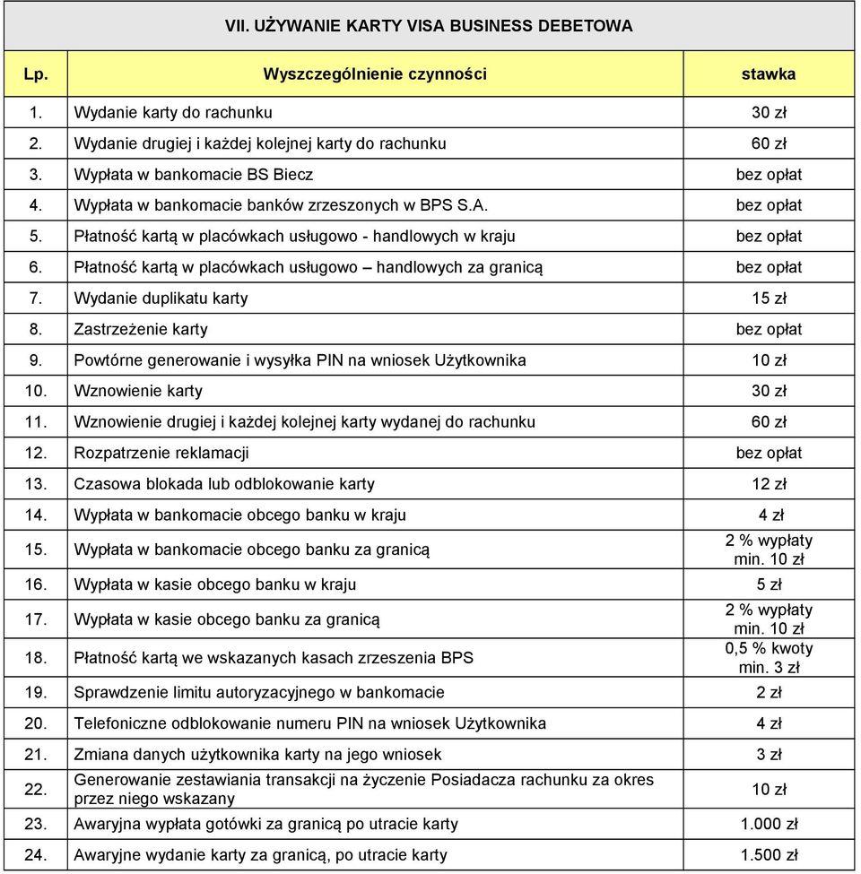 Płatność kartą w placówkach usługowo - handlowych w kraju Płatność kartą w placówkach usługowo handlowych za granicą Wydanie duplikatu karty 15 zł 8. Zastrzeżenie karty 9.