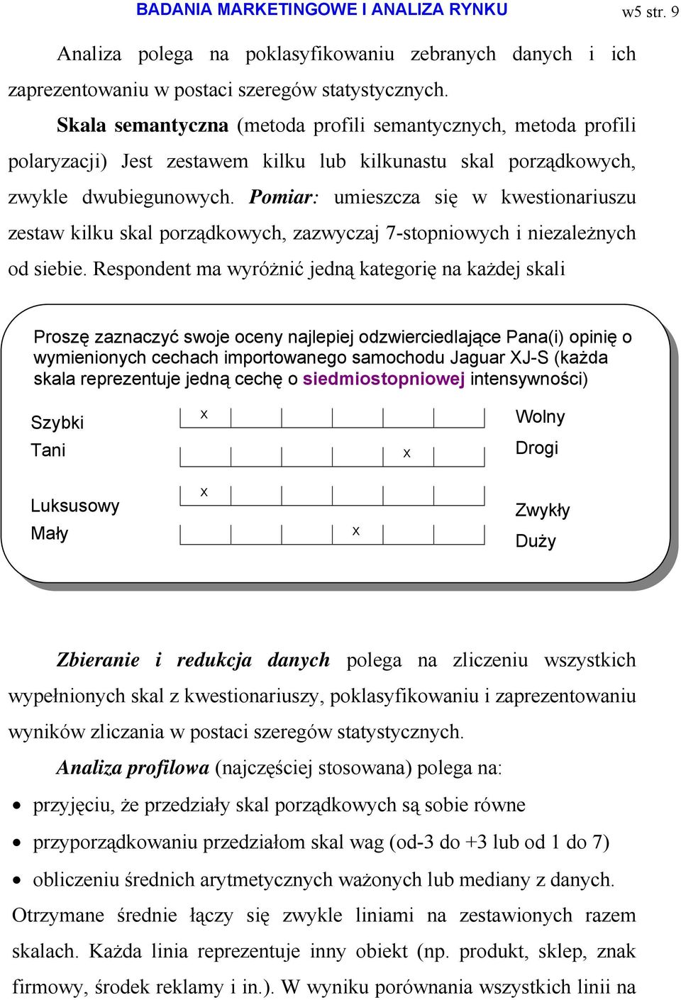 Pomiar: umieszcza się w kwestionariuszu zestaw kilku skal porządkowych, zazwyczaj 7-stopniowych i niezależnych od siebie.