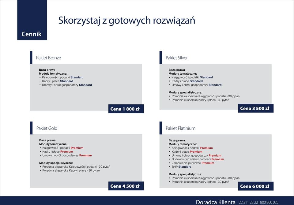 ekspercka Kadry i płace - 30 pytań Cena 1 800 zł Cena 3 500 zł Pakiet Gold Pakiet Platinium Baza prawa Moduły tematyczne: Księgowość i podatki Premium Kadry i płace Premium Umowy i obrót gospodarczy