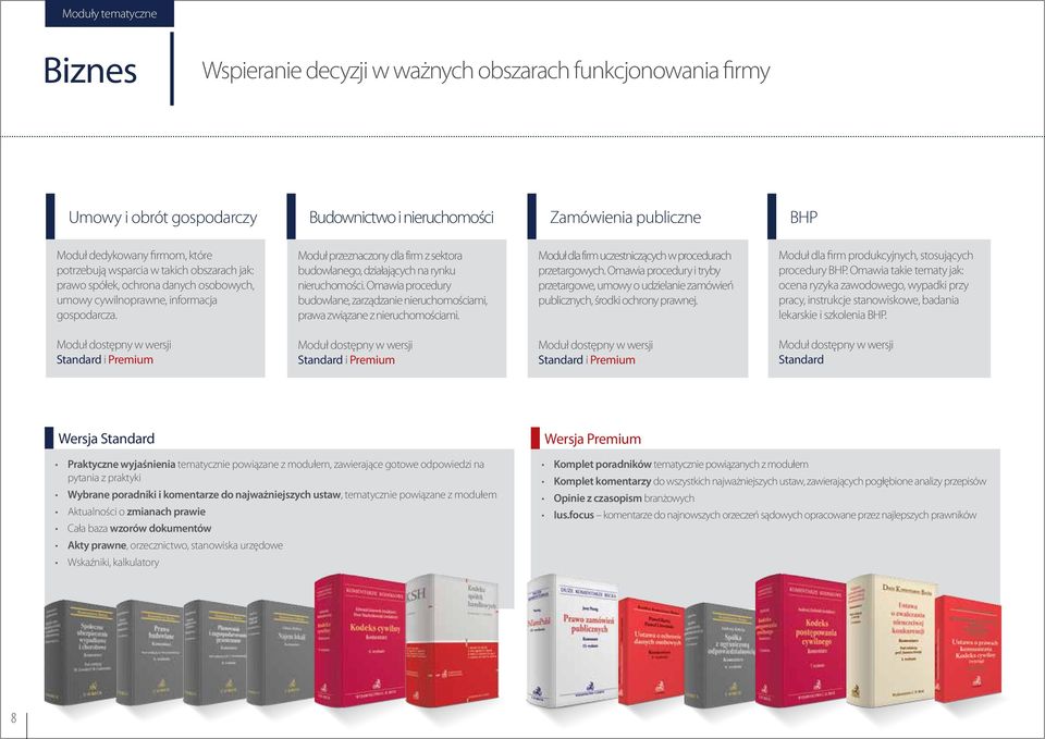 Moduł przeznaczony dla firm z sektora budowlanego, działających na rynku nieruchomości. Omawia procedury budowlane, zarządzanie nieruchomościami, prawa związane z nieruchomościami.