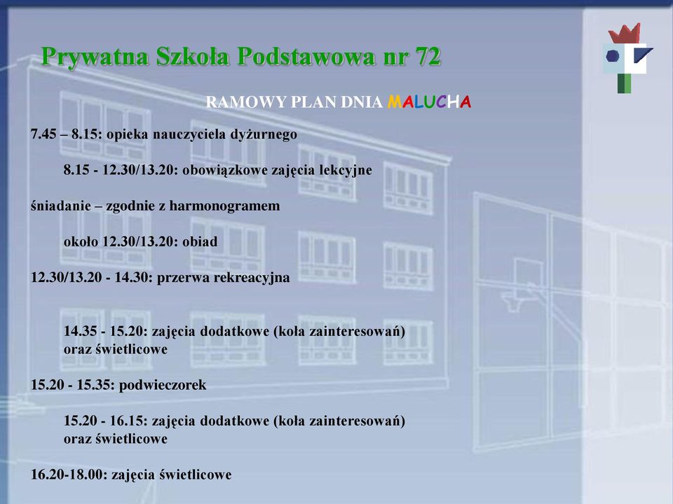 30: przerwa rekreacyjna 14.35-15.20: zajęcia dodatkowe (koła zainteresowań) oraz świetlicowe 15.20-15.