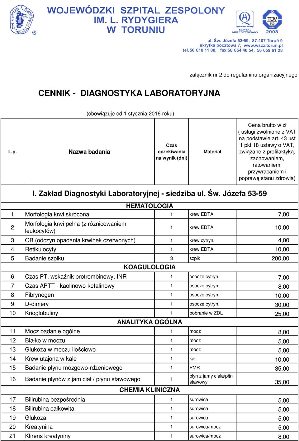 43 ust 1 pkt 18 ustawy o VAT, związane z profilaktyką, zachowaniem, ratowaniem, przywracaniem i poprawą stanu zdrowia) HEMATOLOGIA 1 Morfologia krwi skrócona 1 krew EDTA 7,00 2 I.