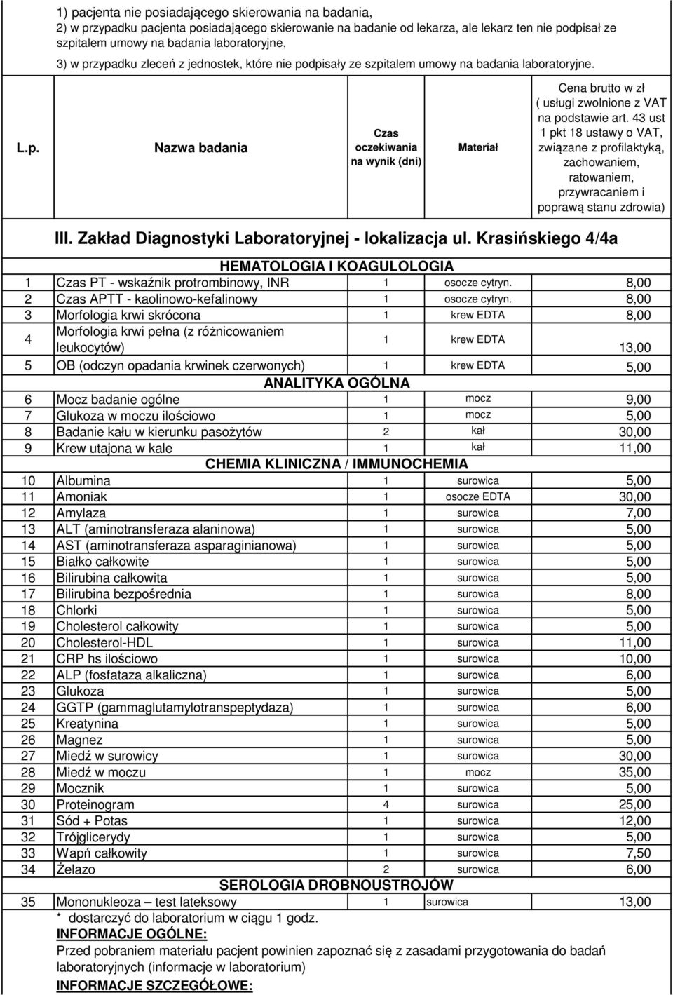 43 ust 1 pkt 18 ustawy o VAT, związane z profilaktyką, zachowaniem, ratowaniem, przywracaniem i poprawą stanu zdrowia) III. Zakład Diagnostyki Laboratoryjnej - lokalizacja ul.