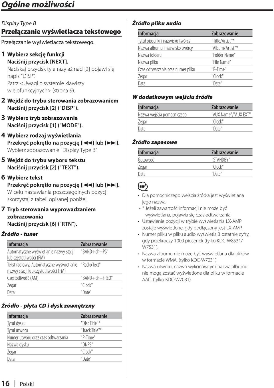 3 Wybierz tryb zobrazowania Naciśnij przycisk [1] ("MODE"). 4 Wybierz rodzaj wyświetlania Wybierz zobrazowanie "Display Type B". 5 Wejdź do trybu wyboru tekstu Naciśnij przycisk [2] ("TEXT").