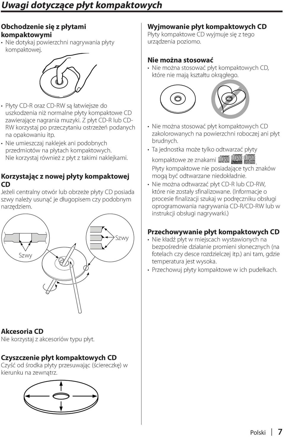 Płyty CD-R oraz CD-RW są łatwiejsze do uszkodzenia niż normalne płyty kompaktowe CD zawierające nagrania muzyki. Z płyt CD-R lub CD- RW korzystaj po przeczytaniu ostrzeżeń podanych na opakowaniu itp.