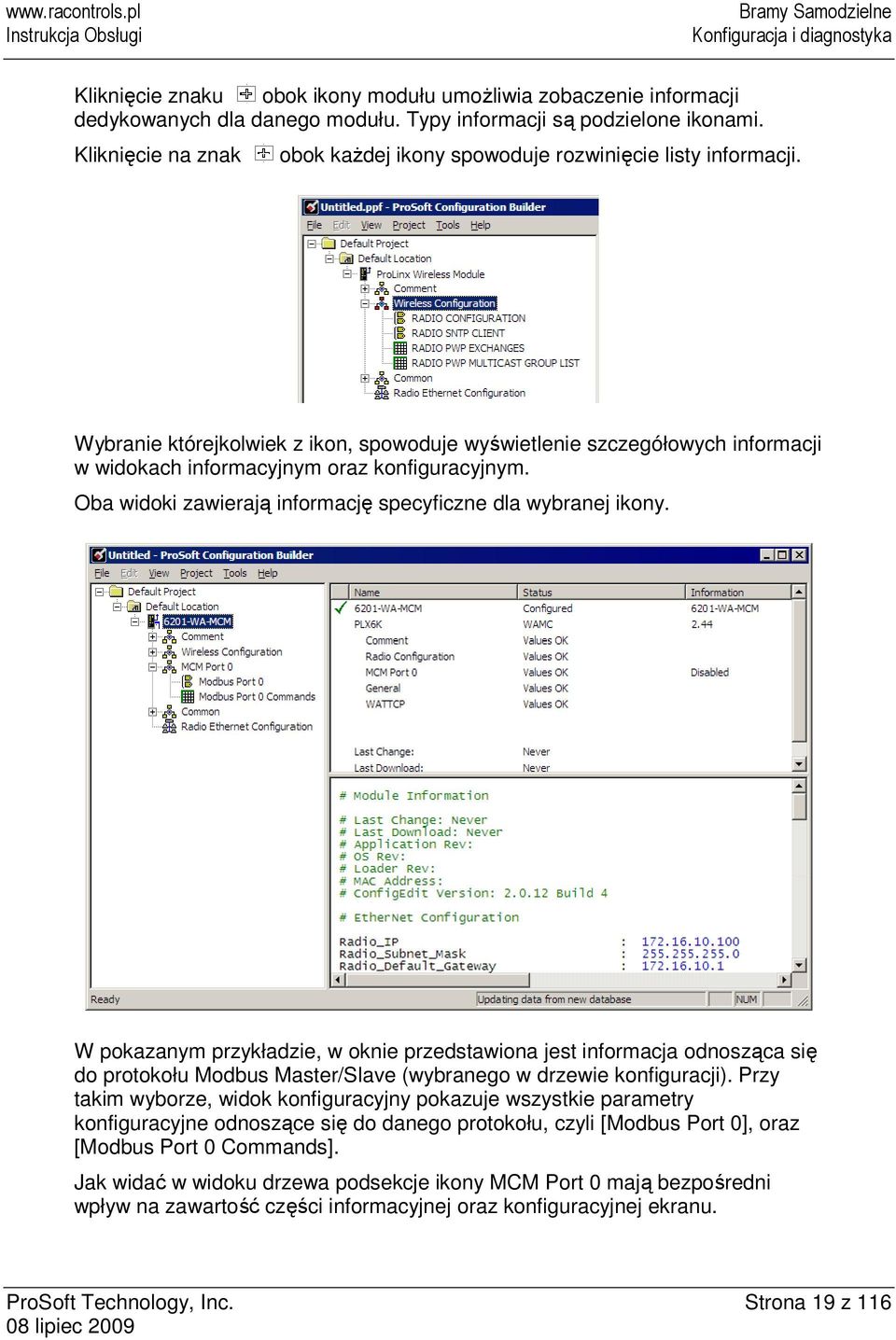 Wybranie którejkolwiek z ikon, spowoduje wyświetlenie szczegółowych informacji w widokach informacyjnym oraz konfiguracyjnym. Oba widoki zawierają informację specyficzne dla wybranej ikony.