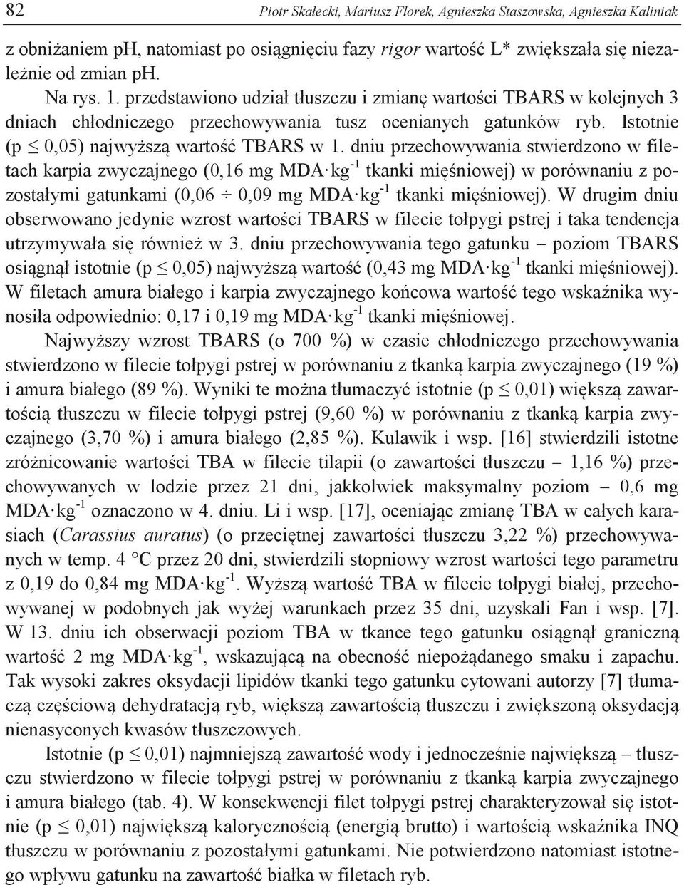 dniu przechowywania stwierdzono w filetach karpia zwyczajnego (0,16 mg MDA kg -1 tkanki mięśniowej) w porównaniu z pozostałymi gatunkami (0,06 0,09 mg MDA kg -1 tkanki mięśniowej).