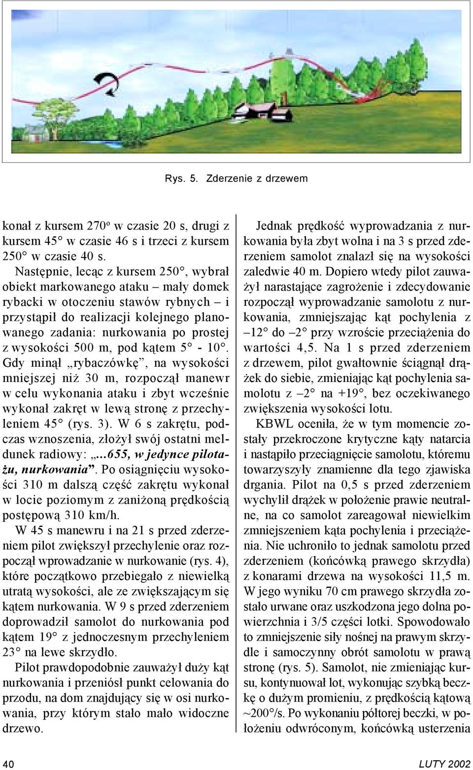 wysokości 500 m, pod kątem 5-10. Gdy minął rybaczówkę, na wysokości mniejszej niż 30 m, rozpoczął manewr w celu wykonania ataku i zbyt wcześnie wykonał zakręt w lewą stronę z przechyleniem 45 (rys.