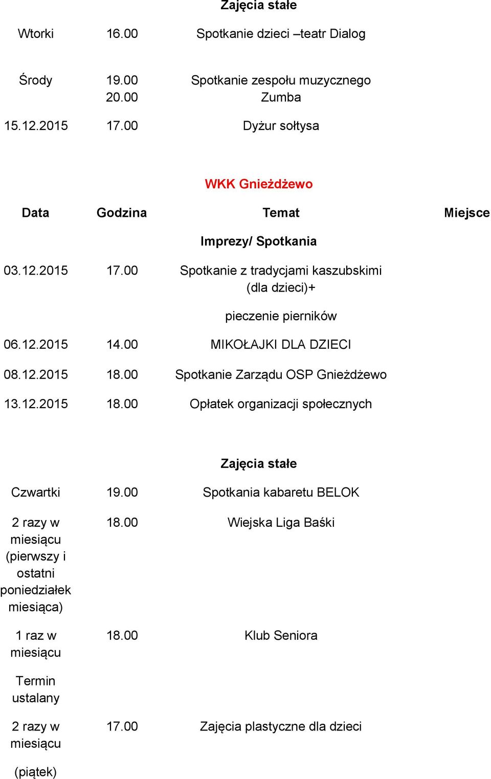 00 MIKOŁAJKI DLA DZIECI 08.12.2015 18.00 Spotkanie Zarządu OSP Gnieżdżewo 13.12.2015 18.00 Opłatek organizacji społecznych Czwartki 19.